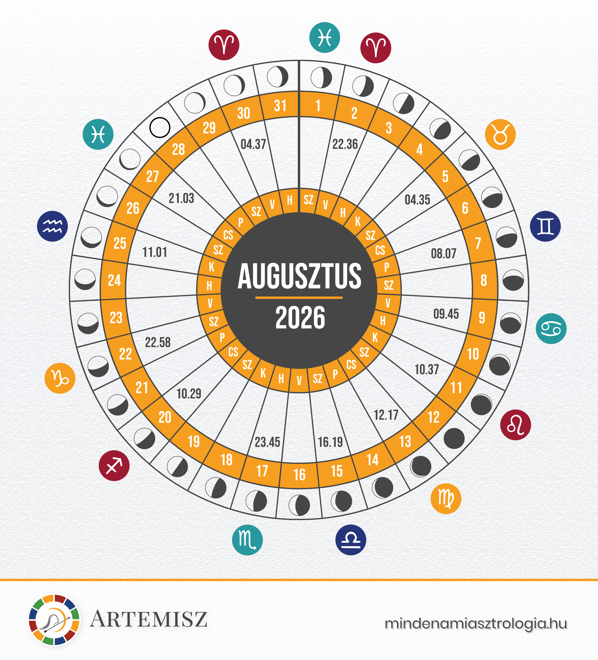 Holdnaptár 2026 Augusztus Artemisz Asztrológia Debrecen Holdnaptár 2026 Augusztus Artemisz Asztrológia Debrecen